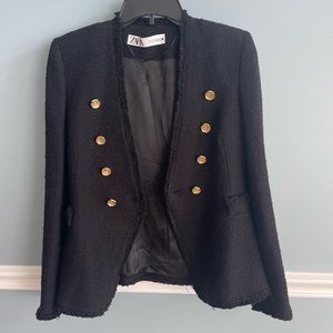 Zara women's S tweed jacket gold buttons blogger favorite black frayed